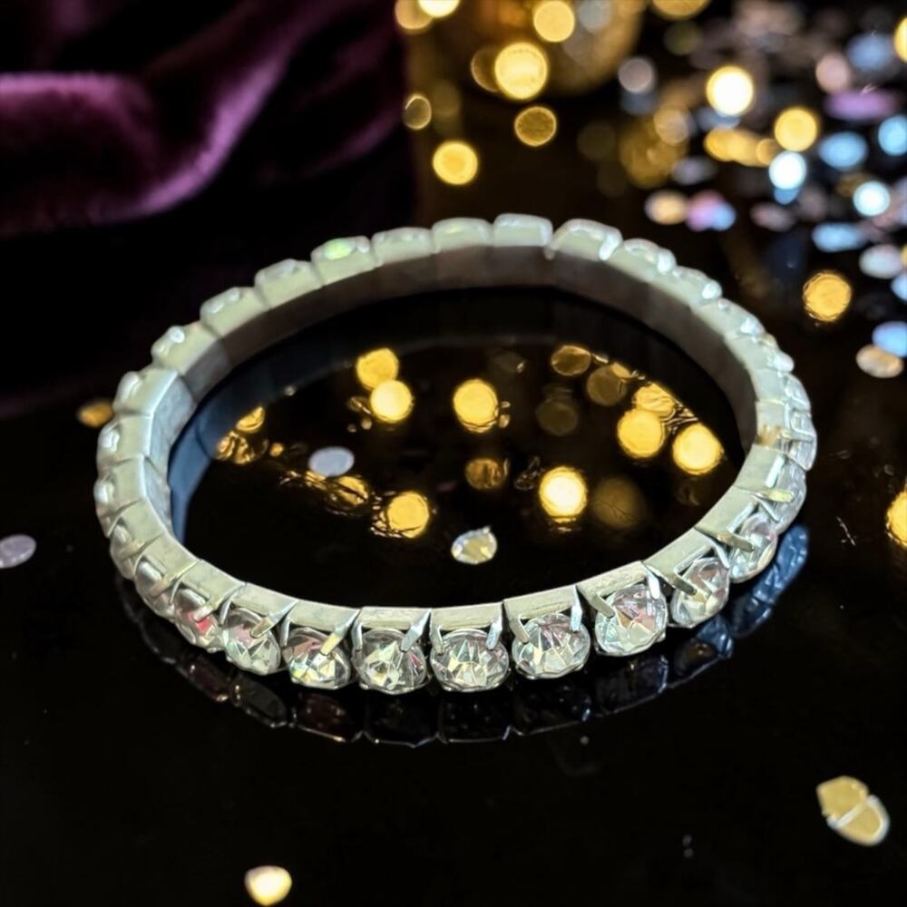 Vintage Crystal Rhinestone Stretch Bracelet Silver Old Hollywood Bridal Glam